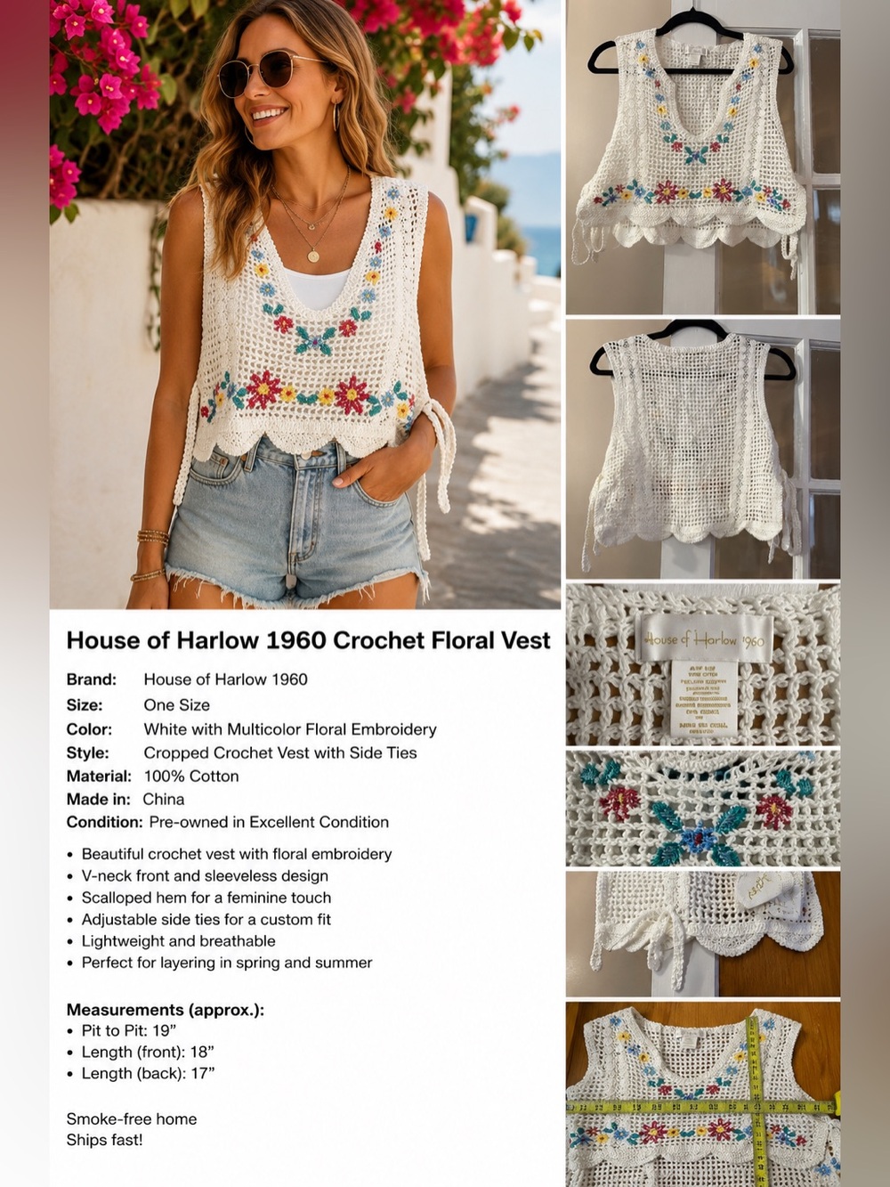 House of Harlow 1960 White Crochet Floral Vest with Multicolor Embroidery